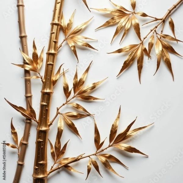 Obraz Golden Bamboo Stems and Leaves on Light Background for Decoration