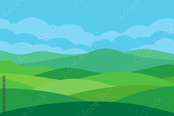 Fototapeta A Beautiful Vector Landscape Of Vast And Empty Rolling Green Hills Under A Clear Sky