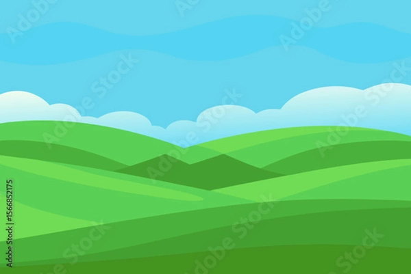 Fototapeta A Beautiful Vector Landscape Of Vast And Empty Rolling Green Hills Under A Clear Sky