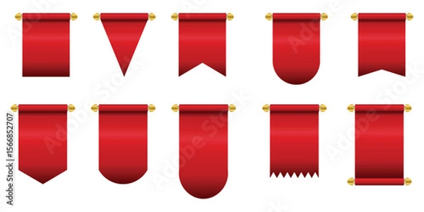 Obraz Red pennant flags mockup, blank hanging banners with golden tassels, rounded, concave, pointed and double edges. Medieval heraldic ensign templates, canvas