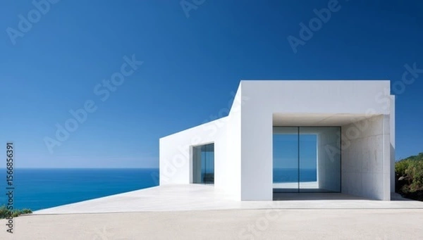 Obraz Minimalist architecture meets the ocean A serene white cube house overlooking the blue sea under a clear sky.