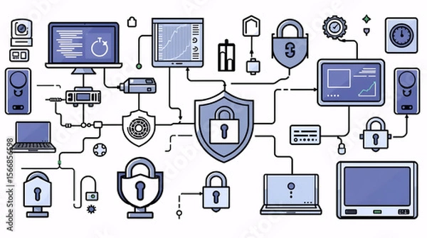 Obraz network security icons set showing digital locks and devices connected in data flow diagram