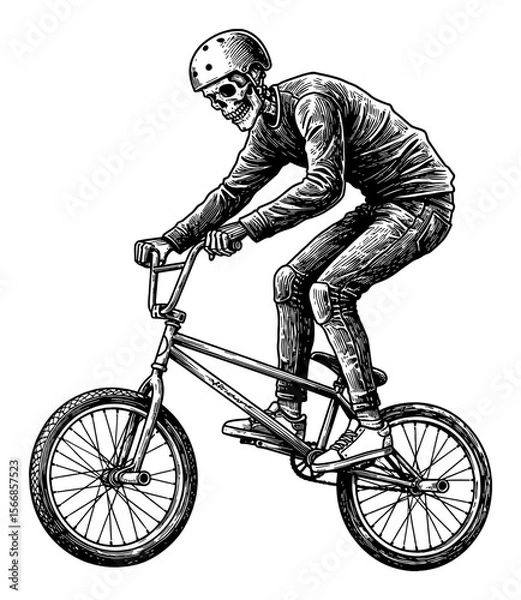 Fototapeta An Active Skeleton Rider Performing Trick on BMX Bicycle Black and White Outline Line Art Drawing