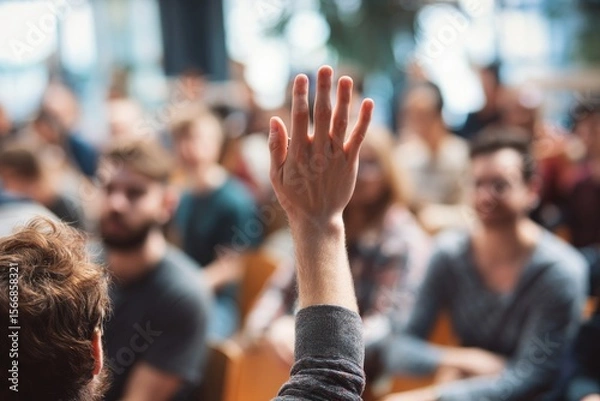 Fototapeta Engaged audience member raises hand during a question-and-answer session at a seminar, showing active participation and interest in the presentation.