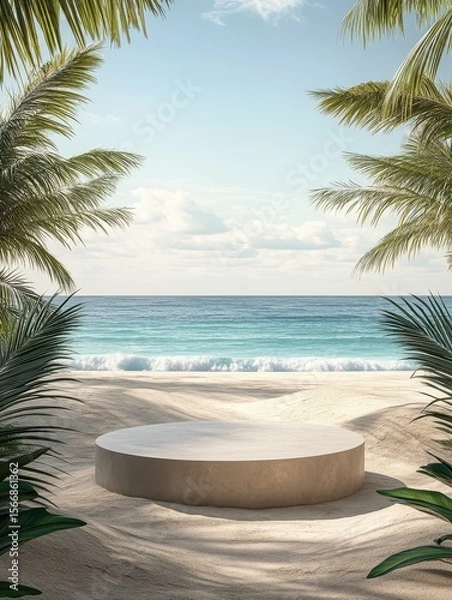 Fototapeta high detail visual of This 3D rendering depicts a summer beach scene with a podium for displaying products. high detail 8k