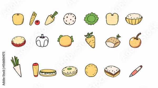 Obraz hand-drawn food doodle icons with vegetables, fruits, and kitchen items