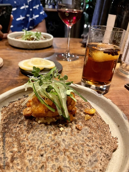 Fototapeta Plant-Based Entree on Buckwheat Crêpe - Not AI Generated