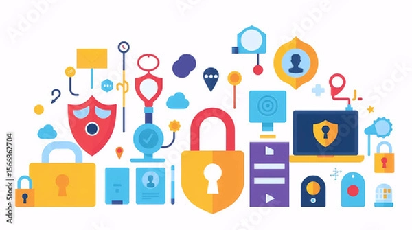 Obraz colorful cybersecurity icons representing locks, users, and protection