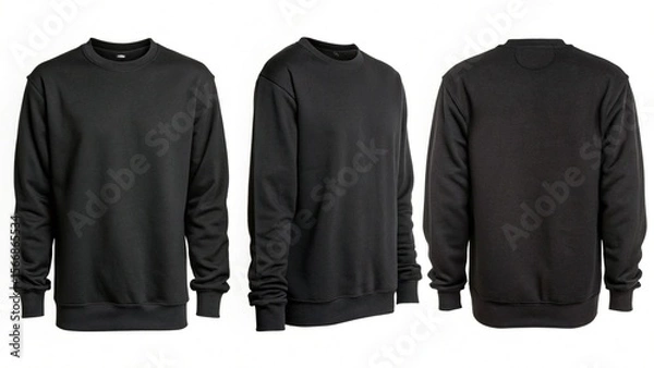 Fototapeta Black Crew Neck Sweatshirt Mockup: Front, Side, and Back Views, Minimalist Style