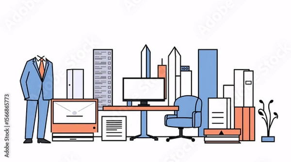 Obraz modern office desk setup in front of stylized cityscape, concept for corporate workspace