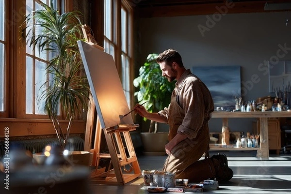 Fototapeta Artist creates a vibrant painting in a sunlit studio filled with plants during the afternoon