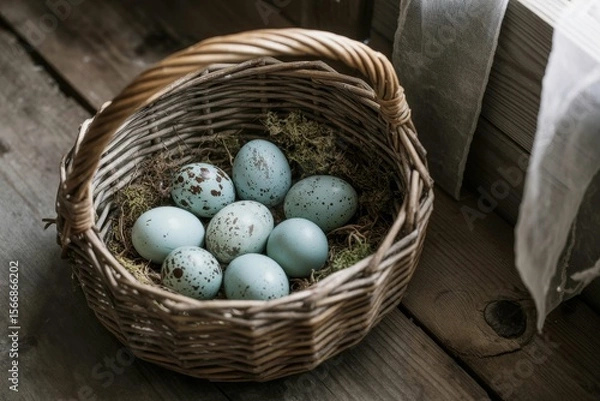 Fototapeta A photograph of a clutch of robin eggs nestled snugly inside a weathered wooden basket