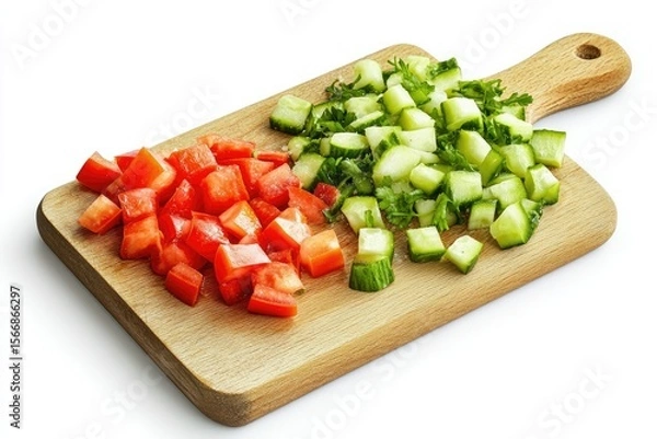 Fototapeta Vegetables Being Chopped on a Cutting Board Isolated on White Background, Depth of Field