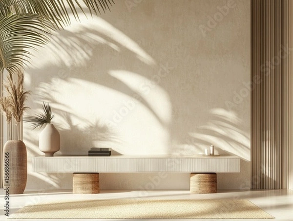 Fototapeta high definition picture of minimal geometric podium display with cream backdrop palm leaf shadows modern product showcase 3d render high detail 8k