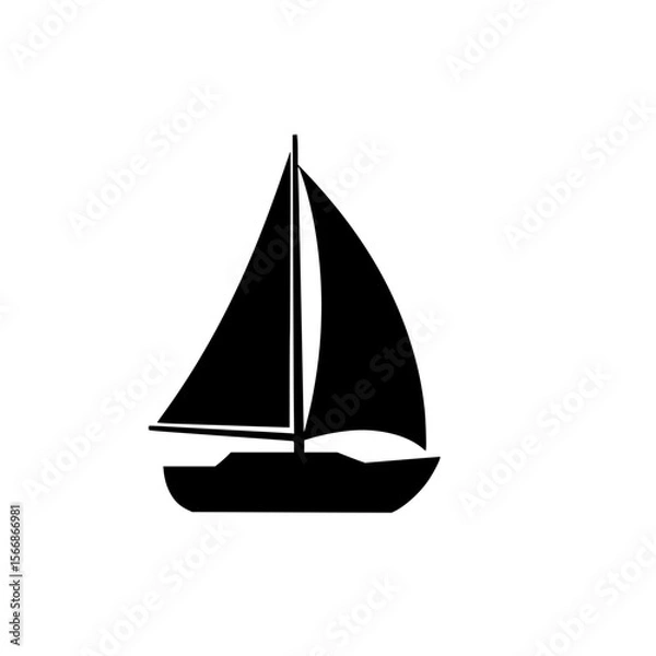 Obraz A black silhouette of a sailboat with two triangular sails against a white background representing a vessel for sea travel and recreation
