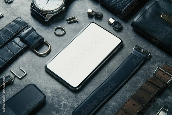 Fototapeta Different Lifestyle Accessories Lie on the Table Such as Phone, Belt, Cufflinks, Watches