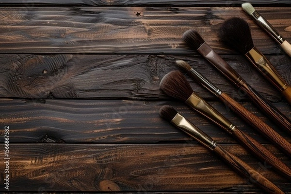 Fototapeta Sharp Image of Top View Brushes Arrangement on Wooden Background