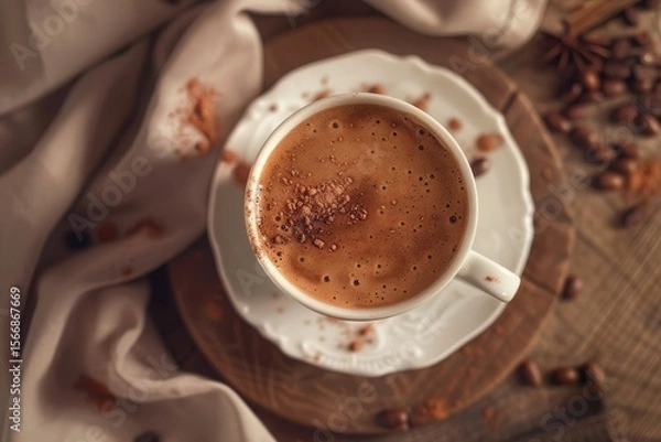 Fototapeta Vibrant Picture of Top View Cup with Hot Chocolate on Table