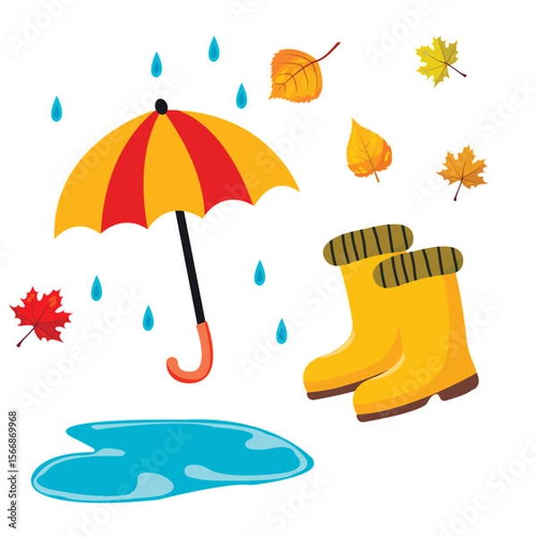 Obraz set of autumn stickers leaves, umbrella, raindrops and puddle, boots on white background