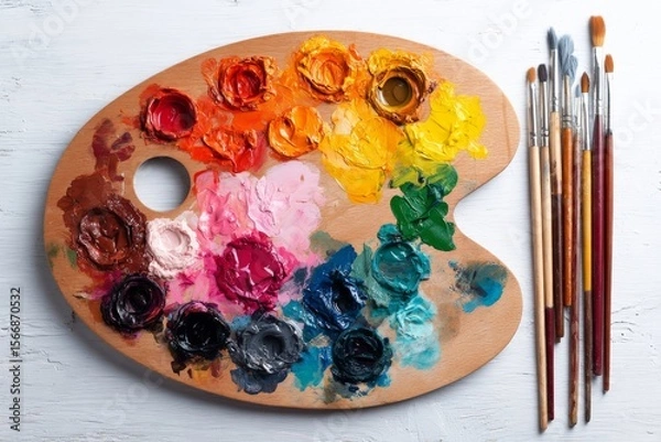 Obraz Vibrant Artist's Palette with Oil Paints and Brushes A Colorful Still Life