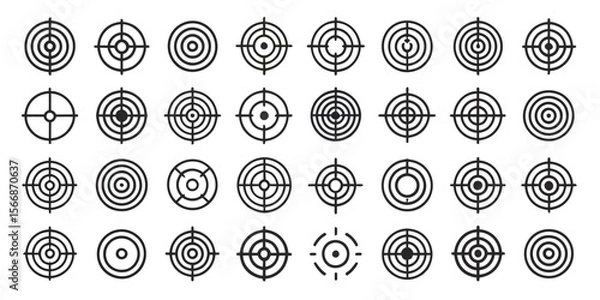 Fototapeta Target and aim icon set with crosshair, bullseye vector symbols for precision, accuracy, focus, archery, shooting, navigation

