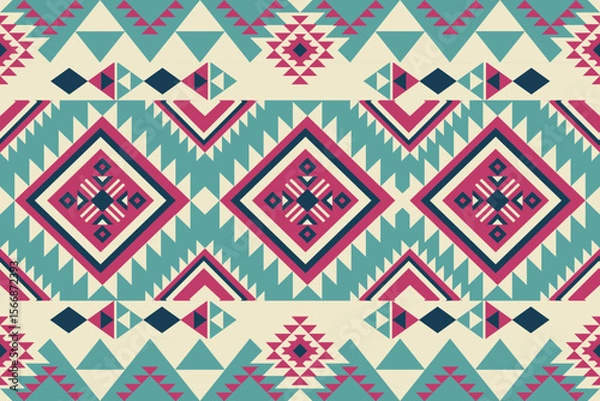 Fototapeta Aztec ethnic seamless pattern in turquoise, cream, and pink with geometric diamond stripes. Ideal for rustic upholstery, folk-inspired clothing, or bohemian decorative prints.