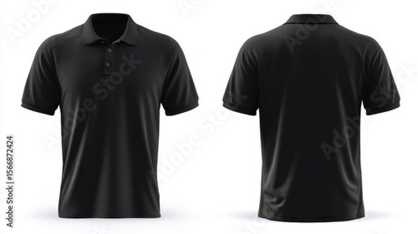 Fototapeta Stunning photo of black men's polo shirt template with front and back views, ideal for graphic design mockups, presented on a white background.