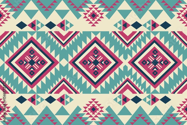 Fototapeta Aztec ethnic seamless pattern in turquoise, cream, and pink with geometric diamond stripes. Ideal for rustic upholstery, folk-inspired clothing, or bohemian decorative prints.