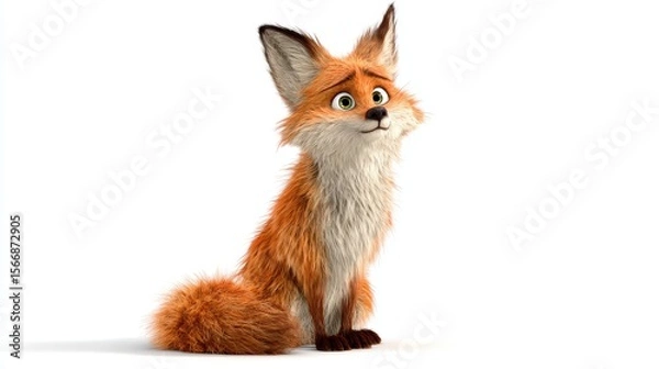 Fototapeta A cute, animated red fox with fluffy fur sits attentively against a plain white background, showcasing bright eyes and detailed textures.
