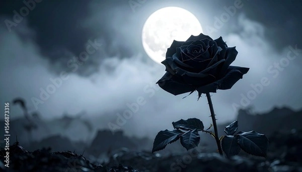Fototapeta "A single black rose in full bloom, with velvety dark petals glistening under soft moonlight, surrounded by a misty atmosphere, gothic and mysterious tone, ultra-realistic style, high contrast with a 