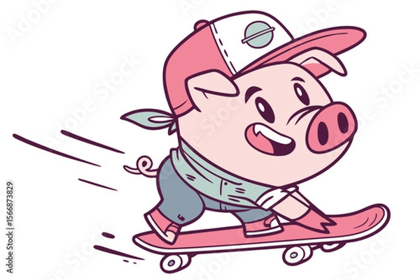 Fototapeta Vector cute Pig cartoon character, riding a skateboard, cool and energetic expression, urban street art style hint, dynamic lines, isolated on white background