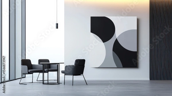 Fototapeta White and black abstract painting hangs on a wall in a room