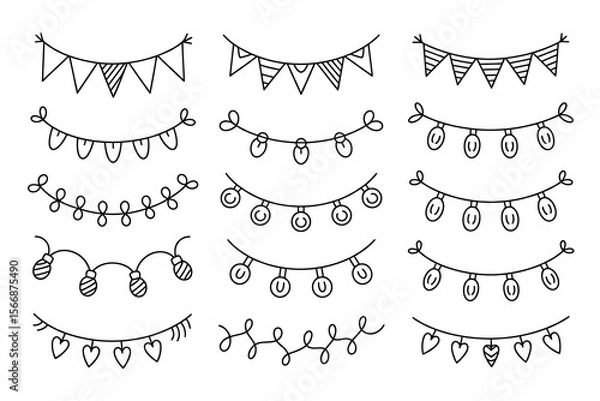 Fototapeta Colorful bunting and string light set, hand drawn party garland, festive border, celebration decoration, cheerful illustration