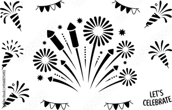 Fototapeta Black and white firework and rocket icon set, festive celebration elements, party burst vector, holiday event illustration