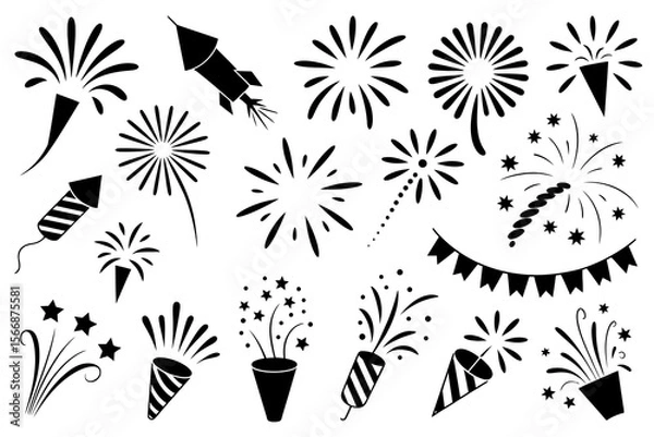 Fototapeta Minimalist firework and party popper icon set, black and white celebration elements, festive vector, holiday design