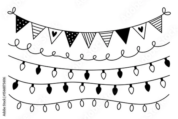Fototapeta Black and white bunting and string light border, festive party garland, celebration frame, minimalist event decoration