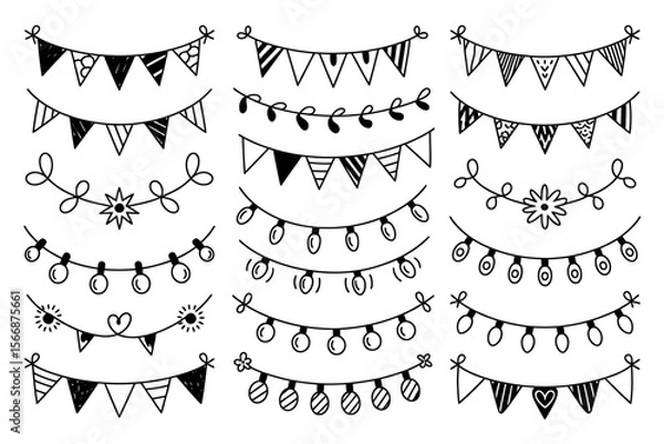 Fototapeta Doodle style party garland and string light set, monochrome bunting border, festive celebration frame, hand drawn vector