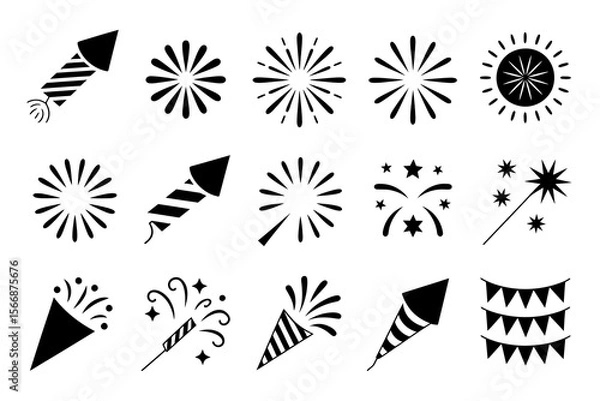 Fototapeta Hand drawn firework and rocket icon collection, black and white celebration elements, festive party vector, holiday design