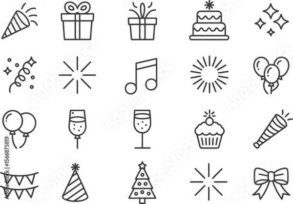 Fototapeta Black and white party icon set, line art celebration elements, hats, balloons, gifts, festive vector, holiday event illustration
