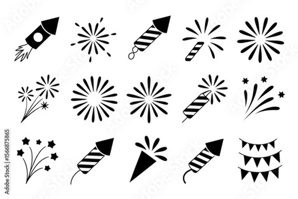 Fototapeta Minimalist firework and rocket icons, monochrome celebration set, party burst elements, festive vector, modern design