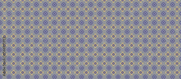 Fototapeta Repeating Grid Pattern of Stylized Floral and Geometric Motifs in Muted Purple-Blue and Pale Yellow-Tan on Light Grayish-Beige Background for Elegant Textile-Inspired Decorative Design Use