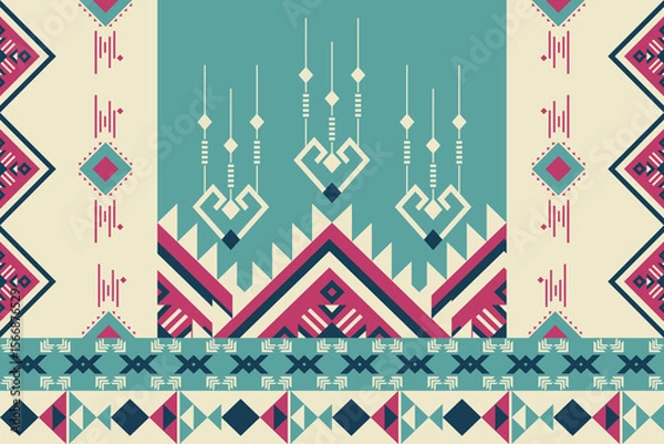 Fototapeta Modern ethnic-inspired pattern with turquoise and pink geometric diamond, vertical tribal stripes, and minimalist motifs. Great for apparel fabrics, wrapping paper, or digital backgrounds.
