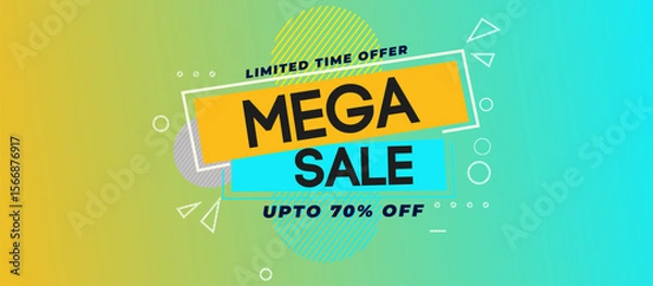 Fototapeta Modern MEGA SALE Promotional Banner with Bold Black Text on Yellow and Teal Background — Abstract Shapes, Limited Time Offer, and UPTO 70% OFF Highlight for Retail Marketing Design