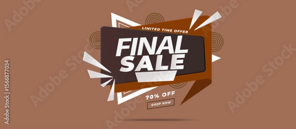 Fototapeta Final Sale Promotional Banner with Bold White Text on Angled Dark-Brown Speech Bubble — Limited Time Offer, 70% OFF Highlighted with Stylized Shapes on Terracotta Background