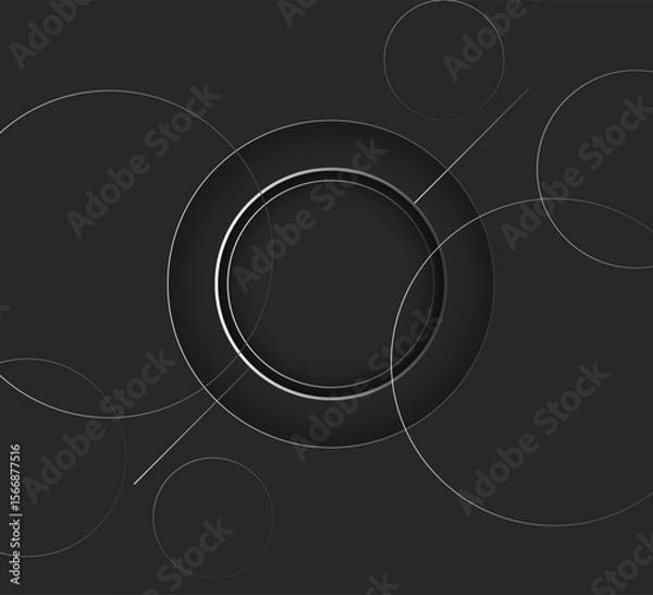 Fototapeta Geometric Abstract Network Design with Overlapping Circles and Intersecting Silver Lines on Dark Gray Background,  Futuristic Tech-Style Graphic for Digital, UI, and Corporate Use