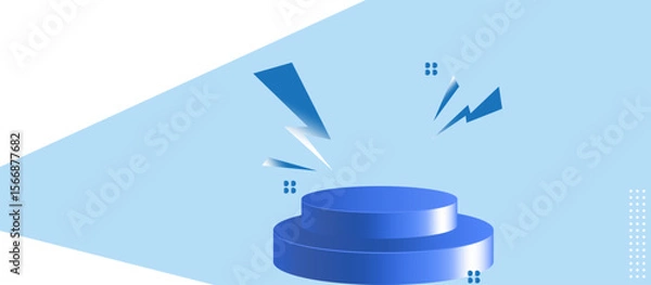Fototapeta Glossy Blue Cylinder Podium with Radiating Lightning Bolts and Abstract Light-Blue Gradient Background, 3D Platform with Dynamic Elements for Promotion, Product, or Tech Display