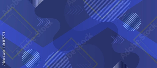 Fototapeta Navy Blue Abstract Background with Fluid Overlapping Shapes and Gold Grid lined Geometric Elements, Dynamic Visual Design Featuring Circles, Squares, and Arrows for Digital Projects
