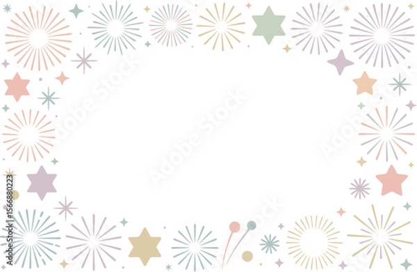 Fototapeta Pastel starburst and confetti frame, soft celebration border, festive event invitation, decorative party background, cheerful design