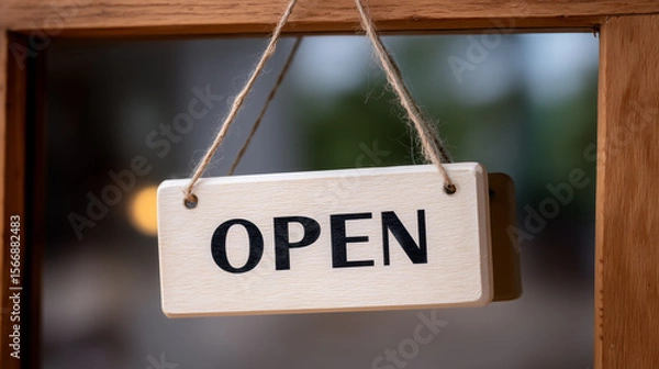 Fototapeta Wooden open sign hanging on a door, inviting customers, business opening hours concept