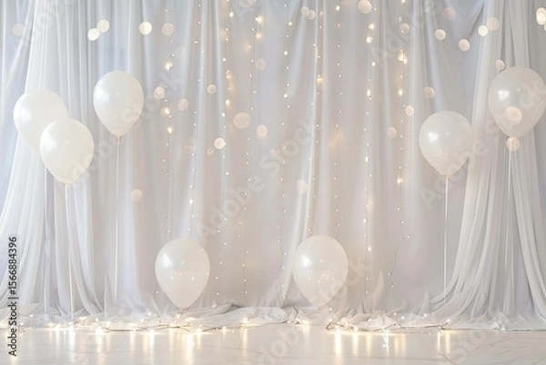 Fototapeta Sharp Image of Blank White Backdrop with Balloons and Lights for Product Display